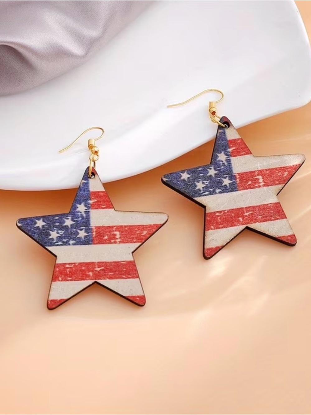 Wooden Patriotic Star Earrings USA Jewelry July 4th Earrings